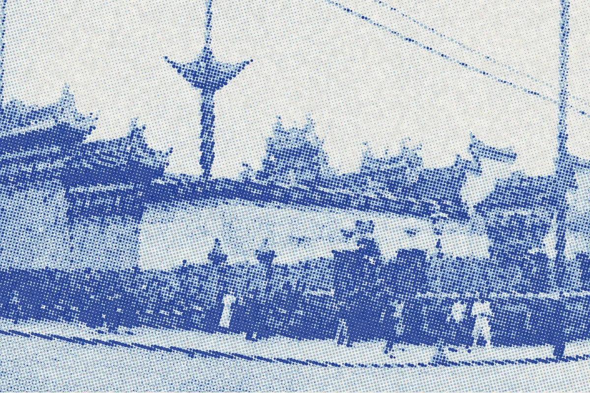 Illustration: 1891年上海北市钱业会所, from a nineteenth-century photograph (1890), redrawn as a sky blue riso plate.