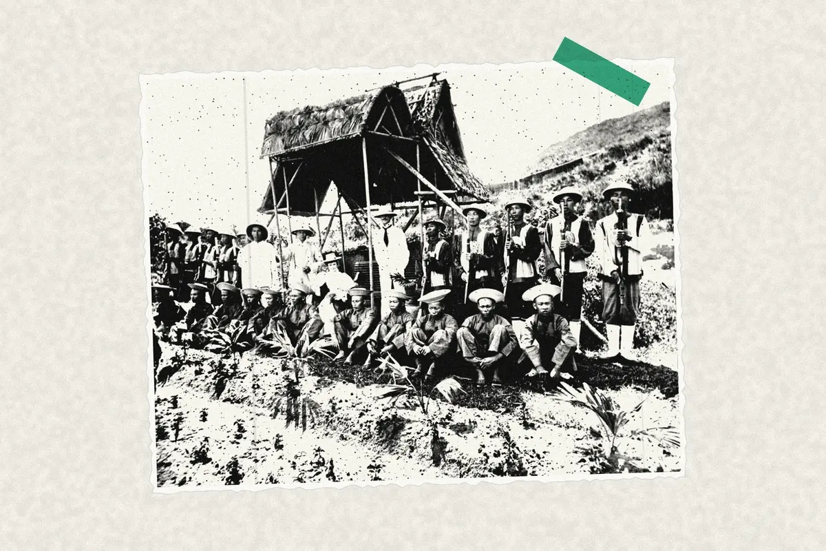 Illustration: 1898 Customs officials in Boundary Street, Hong Kong, from a nineteenth-century photograph (1898), redrawn as a photocopied cutting.