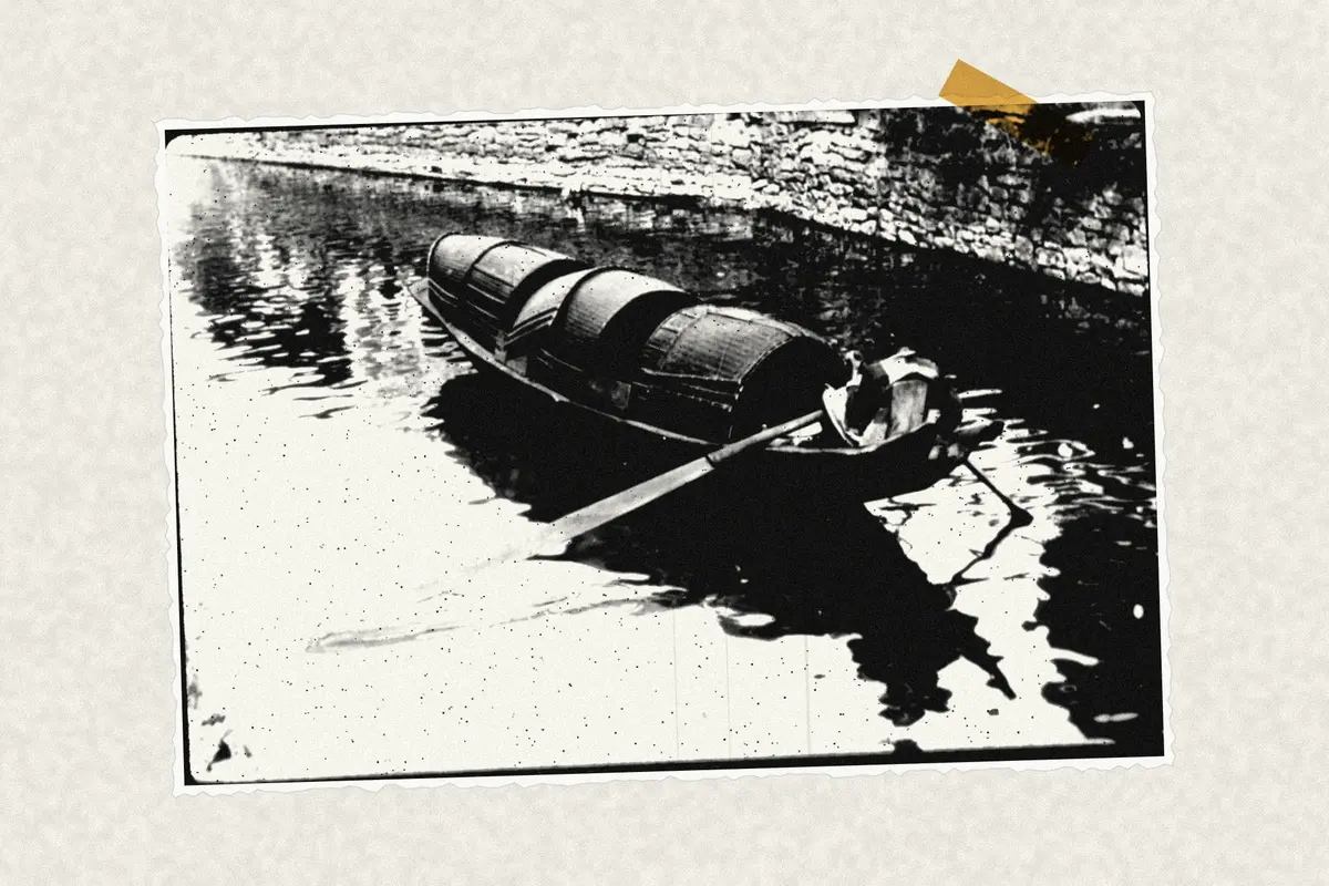 Illustration: A footboat on a canal, China, ca.1900-1919, from a period photograph (1900), redrawn as a photocopied cutting.