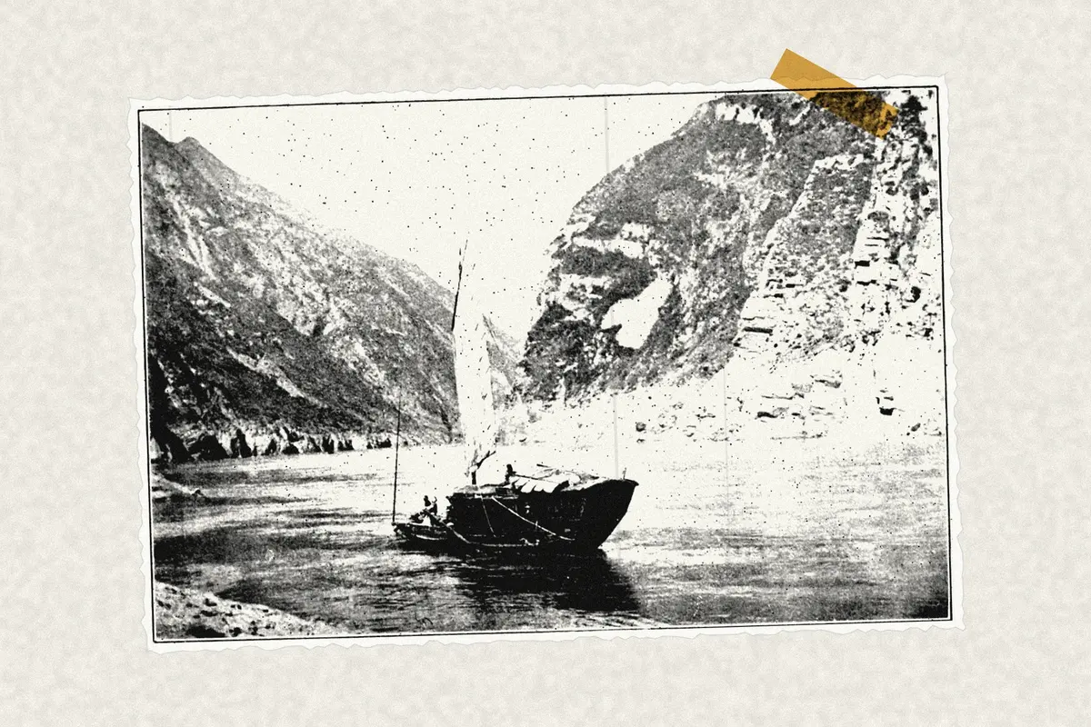 Illustration: A wandering student in the Far East vol.1 - A quiet reach of the Yang-tsze, from a period photograph (1908), redrawn as a photocopied cutting.