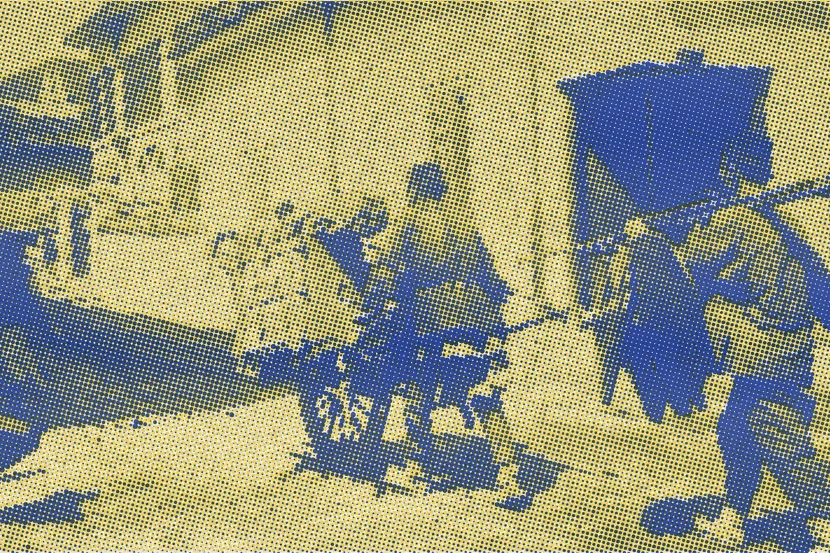 Illustration: A wheelbarrow puller in Shanghai, 1897 (Louis-Jules Dumoulin), from a nineteenth-century photograph (1897), redrawn as a yellow riso plate.