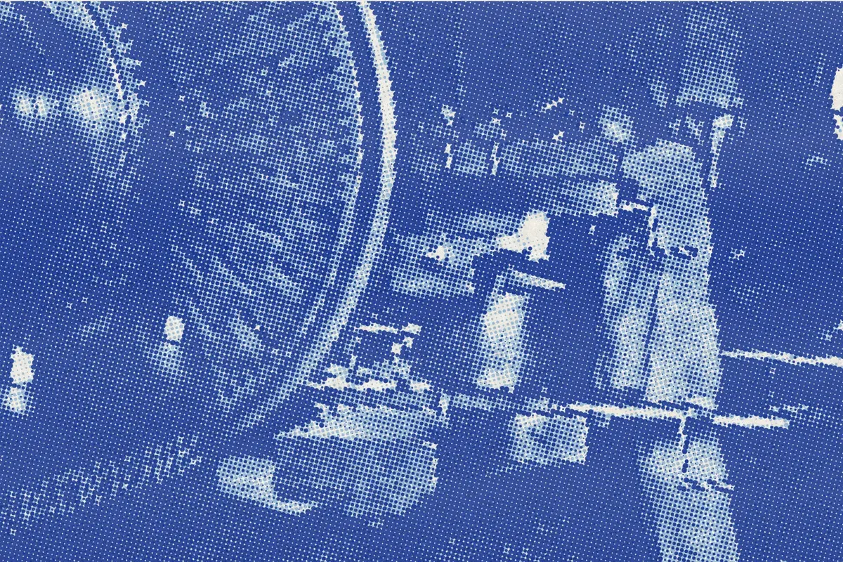 Illustration: A workshop in the Nanking Arsenal, from a nineteenth-century photograph (1898), redrawn as a sky blue riso plate.
