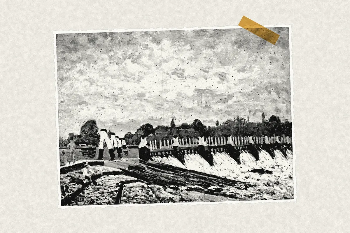 Illustration: Alfred Sisley - Molesey Weir, Hampton Court - Google Art Project, from a nineteenth-century photograph (1874), redrawn as a photocopied cutting.