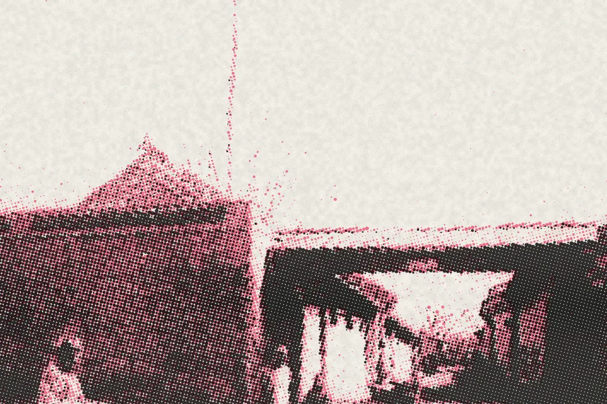 Illustration: American Board Mission, Peking, from a period photograph (1901), redrawn as a coral riso plate.
