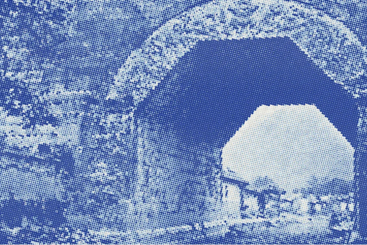 Illustration: ANCIENT BUDDHIST ARCH AT KEW-YUNG-KWAN, NANKOW PASS, from a nineteenth-century photograph (1898), redrawn as a sky blue riso plate.