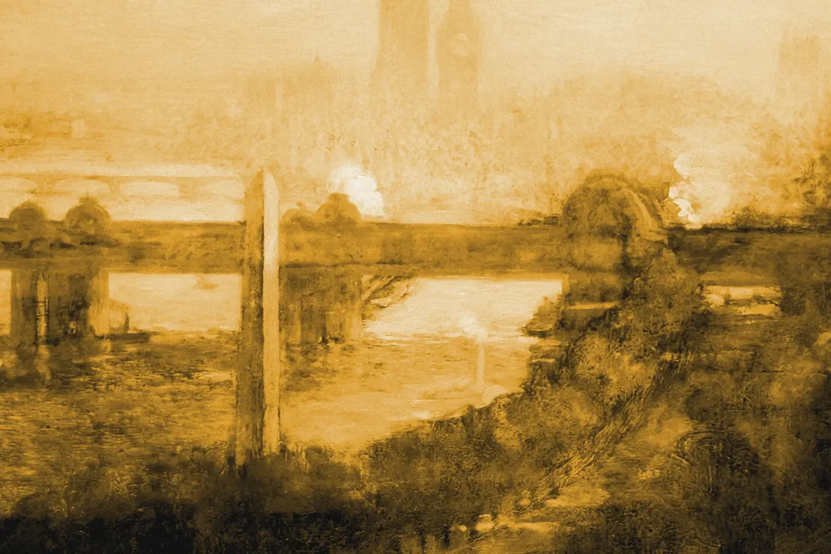 Illustration: Angèle Delasalle- Thames -74397 2000 2000, from a period photograph (1900), redrawn as a ochre blue pencil duotone.