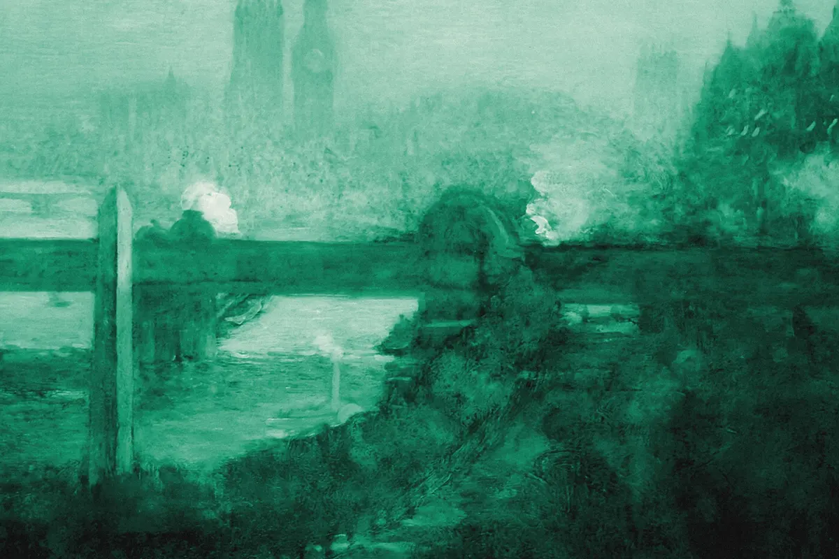 Illustration: Angèle Delasalle- Thames -74397 2000 2000, from a period photograph (1900), redrawn as a jade blue pencil duotone.