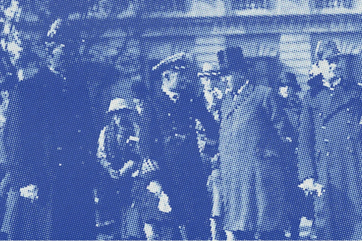 Illustration: Armistice Day in Shanghai, from a period photograph (1924), redrawn as a sky blue riso plate.