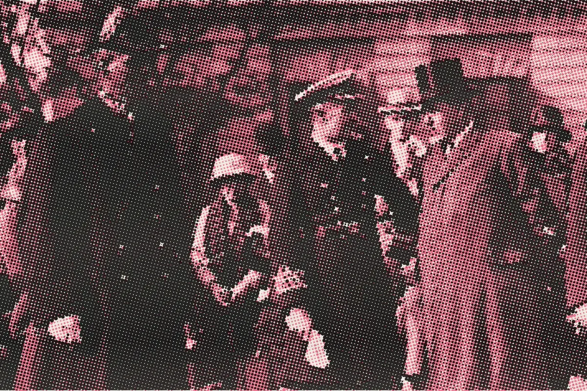 Illustration: Armistice Day in Shanghai, from a period photograph (1924), redrawn as a coral riso plate.