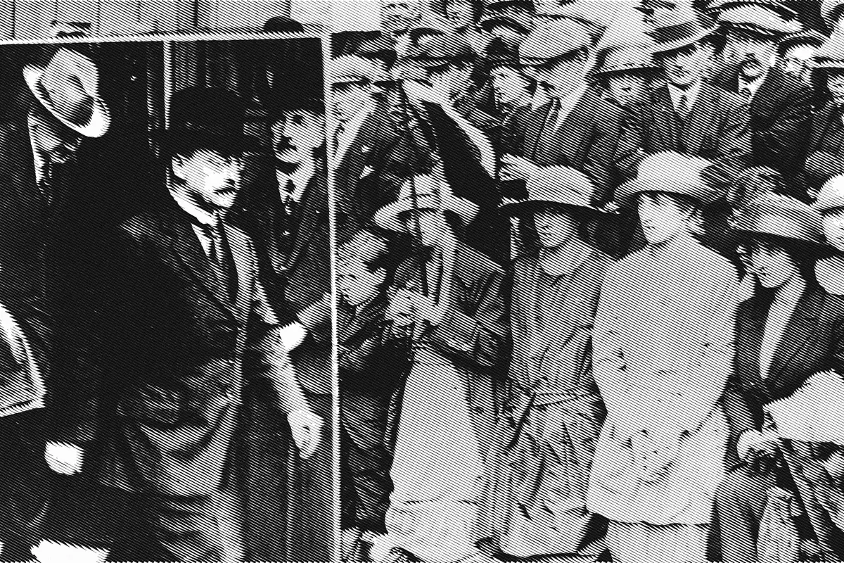 Illustration: Arthur Griffith and Irish republicans at Anglo-Irish peace conference cph.3c34330, from a period photograph (1921), redrawn as an engraving.