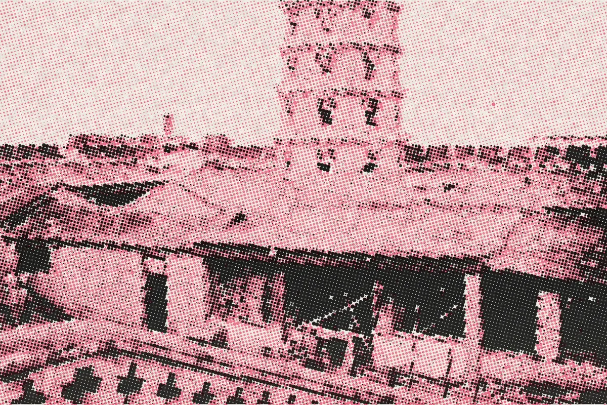 Illustration: Black Fort at Tientsin, Inside View, from a period photograph (1901), redrawn as a coral riso plate.