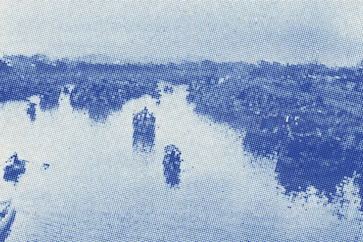 Illustration: Boat Life from Bund Canton, from a period photograph (1917), redrawn as a sky blue riso plate.