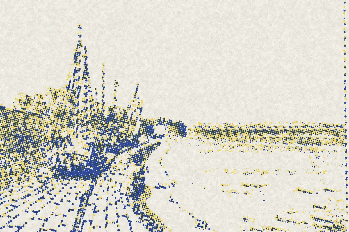 Illustration: Bore shelter for junks Haining Moore 1888, from a nineteenth-century photograph (1888), redrawn as a yellow riso plate.