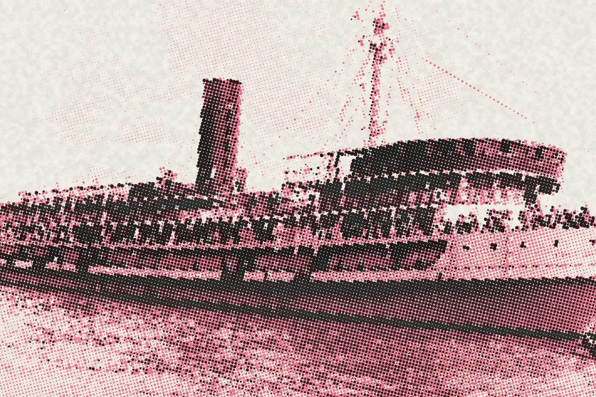 Illustration: British coastal steamer SS Kung Wo at Shanghai in the 1920s, from a period photograph (1920), redrawn as a coral riso plate.