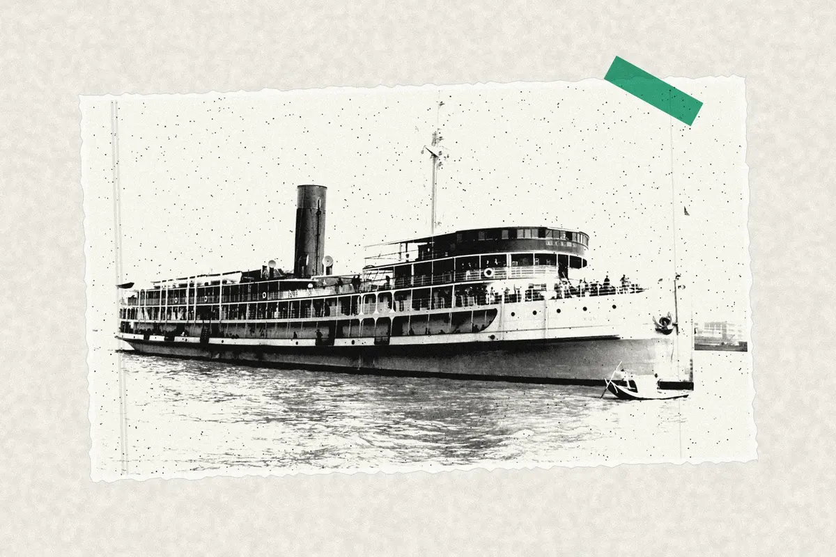Illustration: British coastal steamer SS Kung Wo at Shanghai in the 1920s, from a period photograph (1920), redrawn as a photocopied cutting.