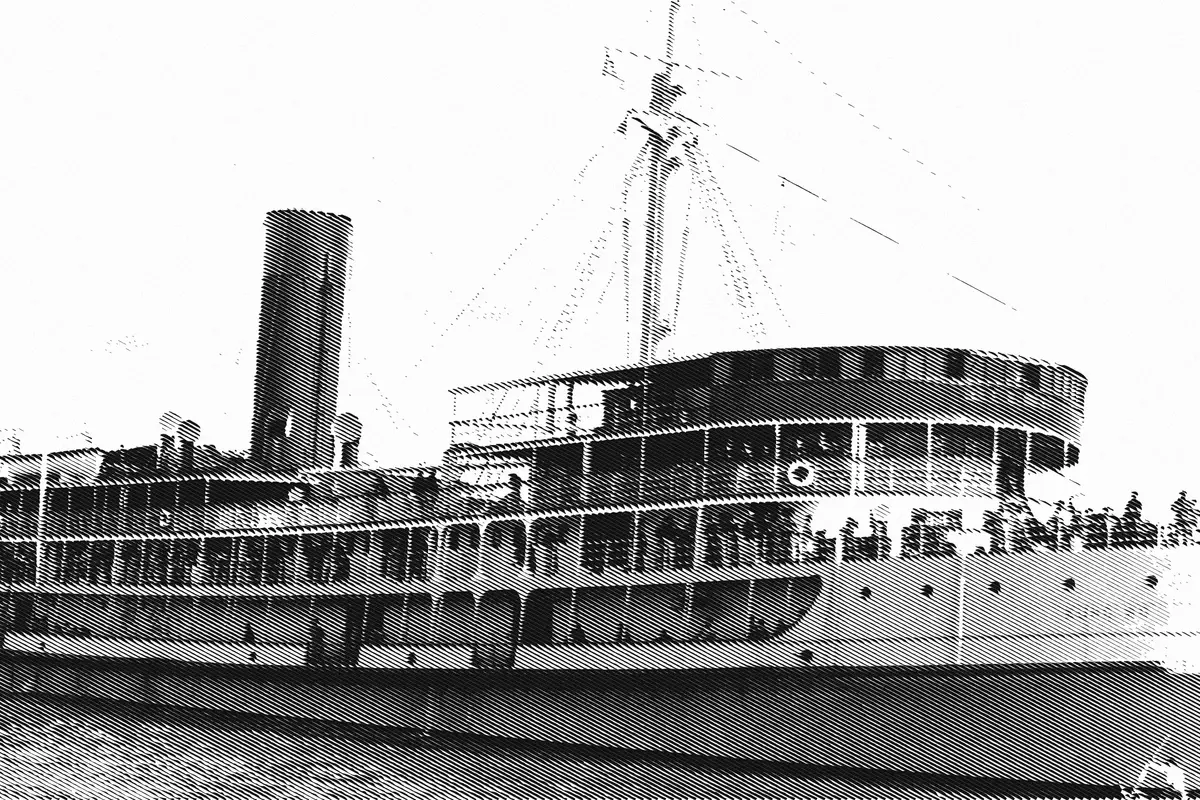 Illustration: British coastal steamer SS Kung Wo at Shanghai in the 1920s, from a period photograph (1920), redrawn as an engraving.