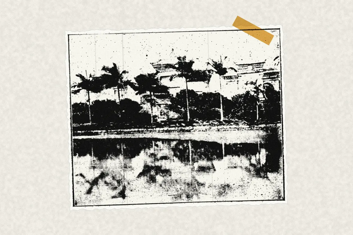 Illustration: C. Afong's Country House, Macao, The Pacific Commercial Advertiser, 1906, from a period photograph (1906), redrawn as a photocopied cutting.