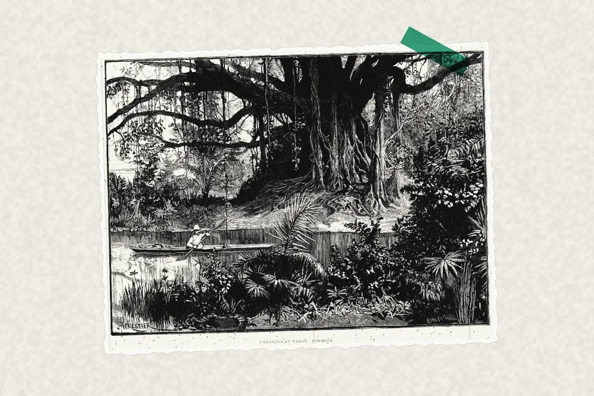 Illustration: Canoeing at Takow, Formosa, from a nineteenth-century photograph (1890), redrawn as a photocopied cutting.