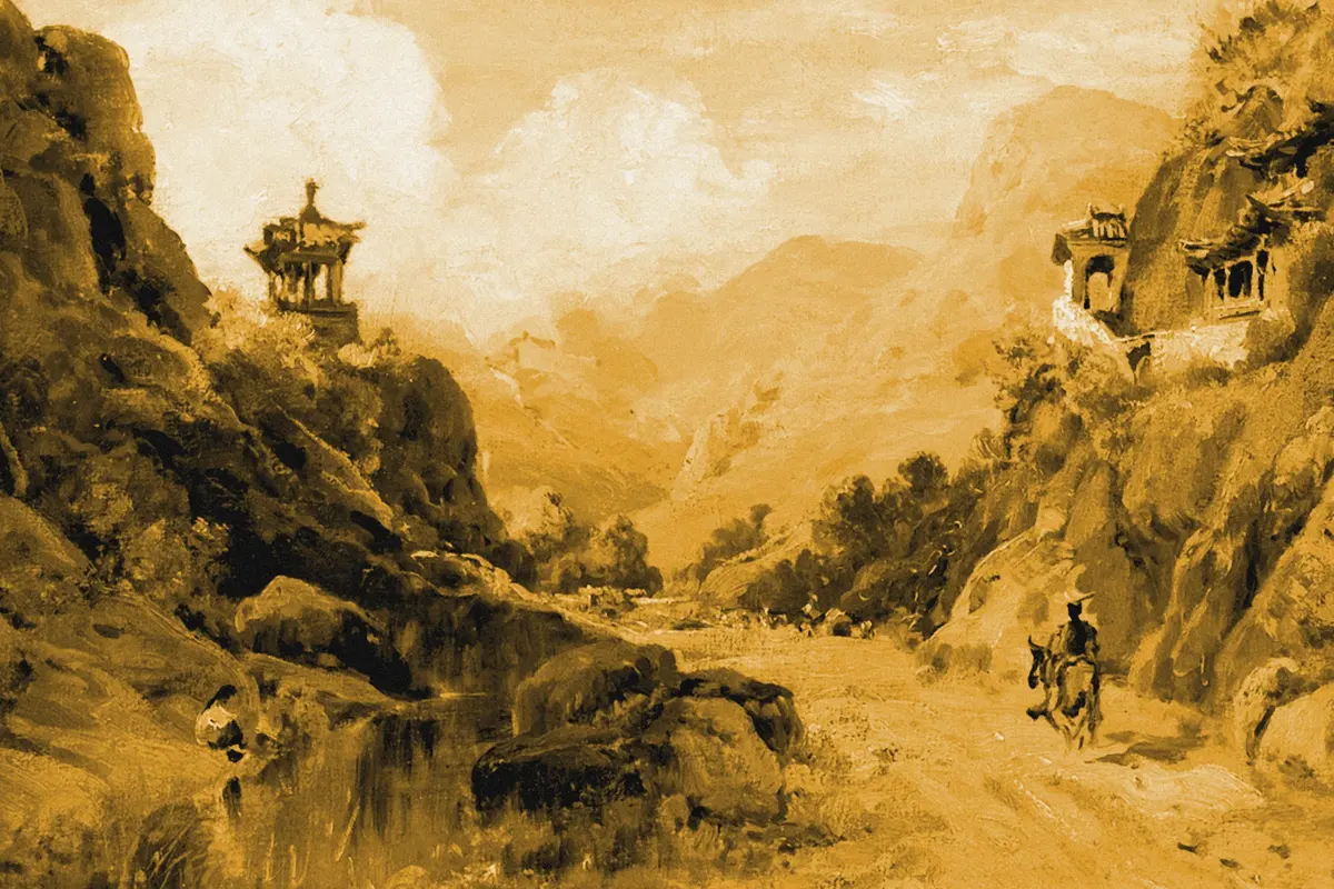Illustration: Carl Wuttke Nanking Pass 1898, from a nineteenth-century photograph (1898), redrawn as a ochre blue pencil duotone.