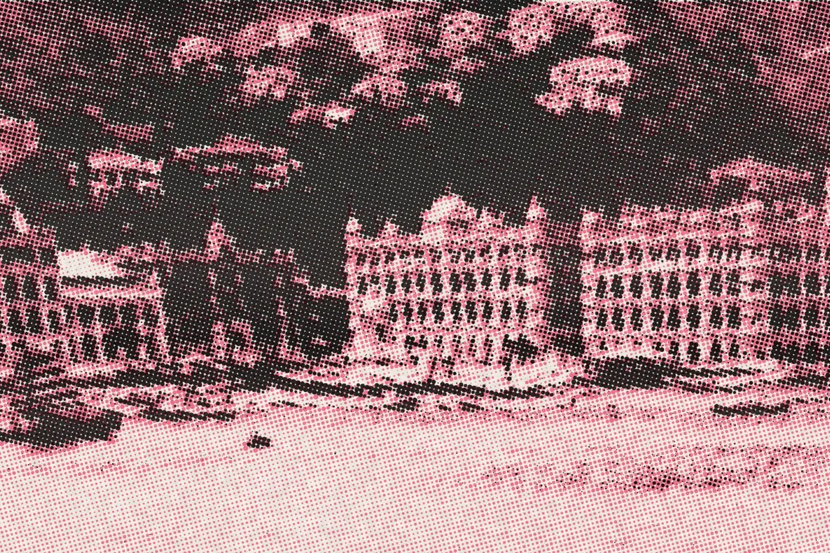 Illustration: Central Circa 1910 IMG 5786 cropped, from a period photograph (1910), redrawn as a coral riso plate.