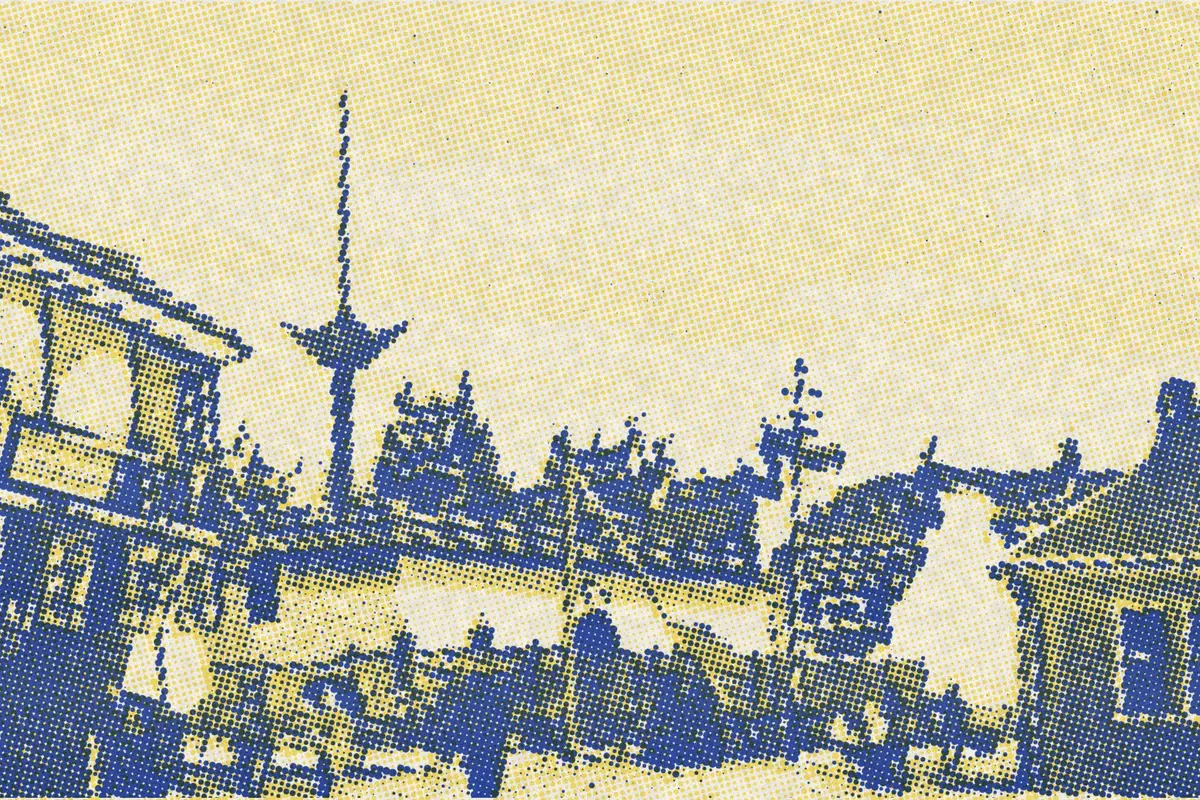 Illustration: Chinese bankers guild in North Honan Road, Shanghai, from a period photograph (1907), redrawn as a yellow riso plate.