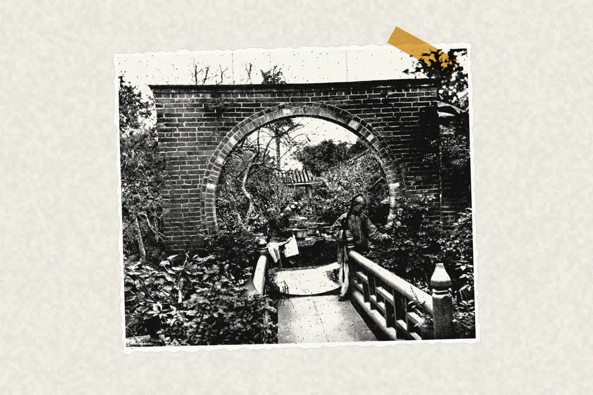 Illustration: Chinese Garden-gateway, from a nineteenth-century photograph (1898), redrawn as a photocopied cutting.