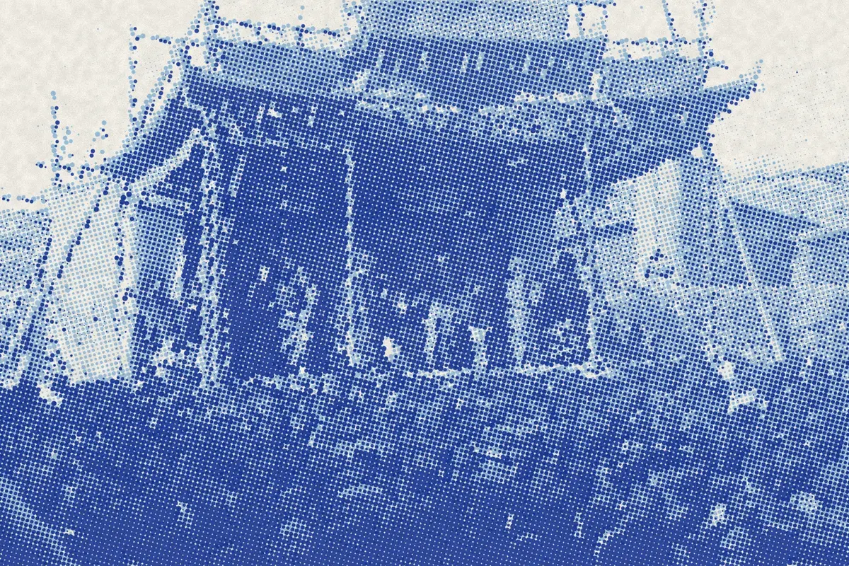 Illustration: Chinese Theater Production with Actors Props Stage and Audience Pre-1912 Location Probably Shandong Province, from a period photograph (1900), redrawn as a sky blue riso plate.