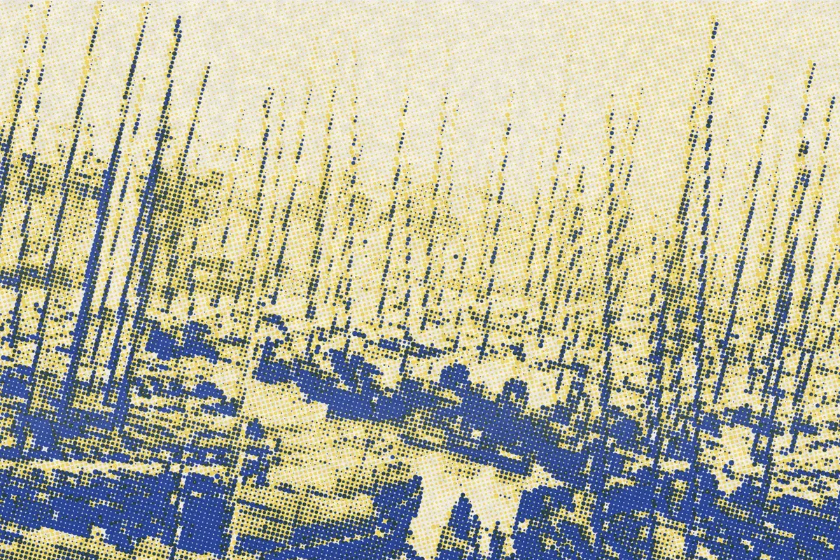 Illustration: Chinesischer Photograph um 1870 - Boote auf dem Yangtze Fluss (Zeno Fotografie), from a nineteenth-century photograph (1870), redrawn as a yellow riso plate.
