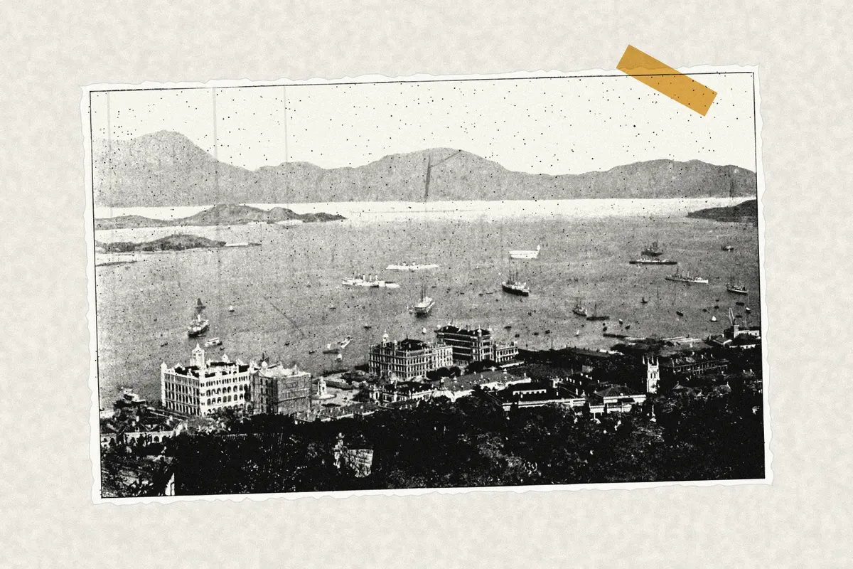 Illustration: City of Victoria, Hong Kong, from a nineteenth-century photograph (1899), redrawn as a photocopied cutting.