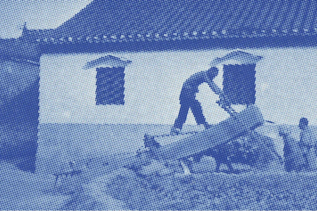 Illustration: Cutting wood in Nanking, by Harold Stephen Bucklin, c. 1923-1924, from the Digital Commonwealth - commonwealth s46588479, from a period photograph (1923), redrawn as a sky blue riso plate.