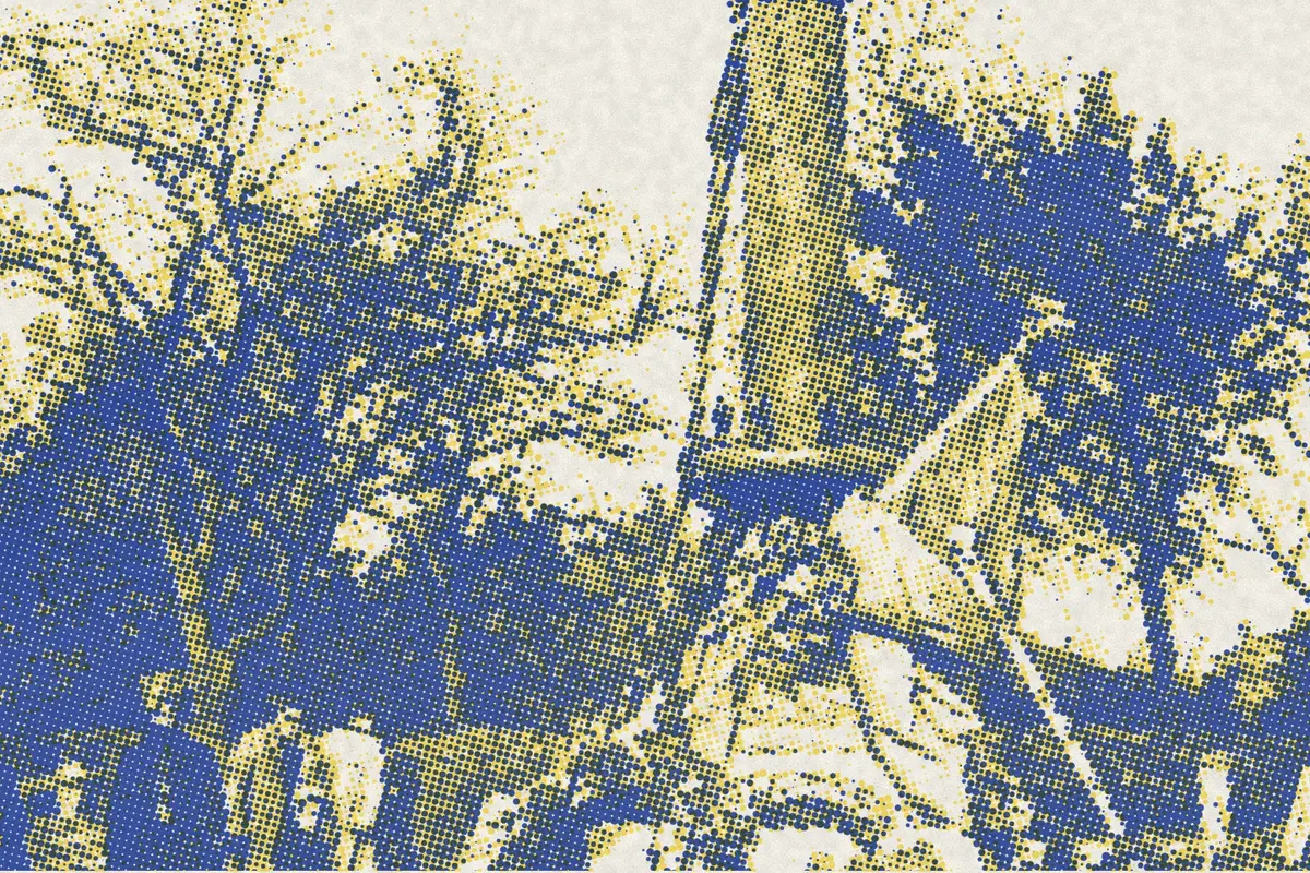 Illustration: Die Gartenlaube b 0129, from a nineteenth-century photograph (1899), redrawn as a yellow riso plate.