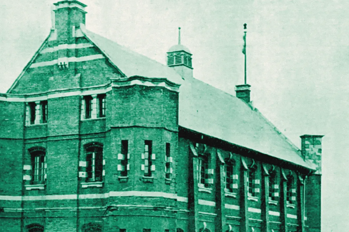 Illustration: Dongbaoxing Road Gurdwara, Shanghai, China, ca.1908, from a period photograph (1908), redrawn as a jade blue pencil duotone.