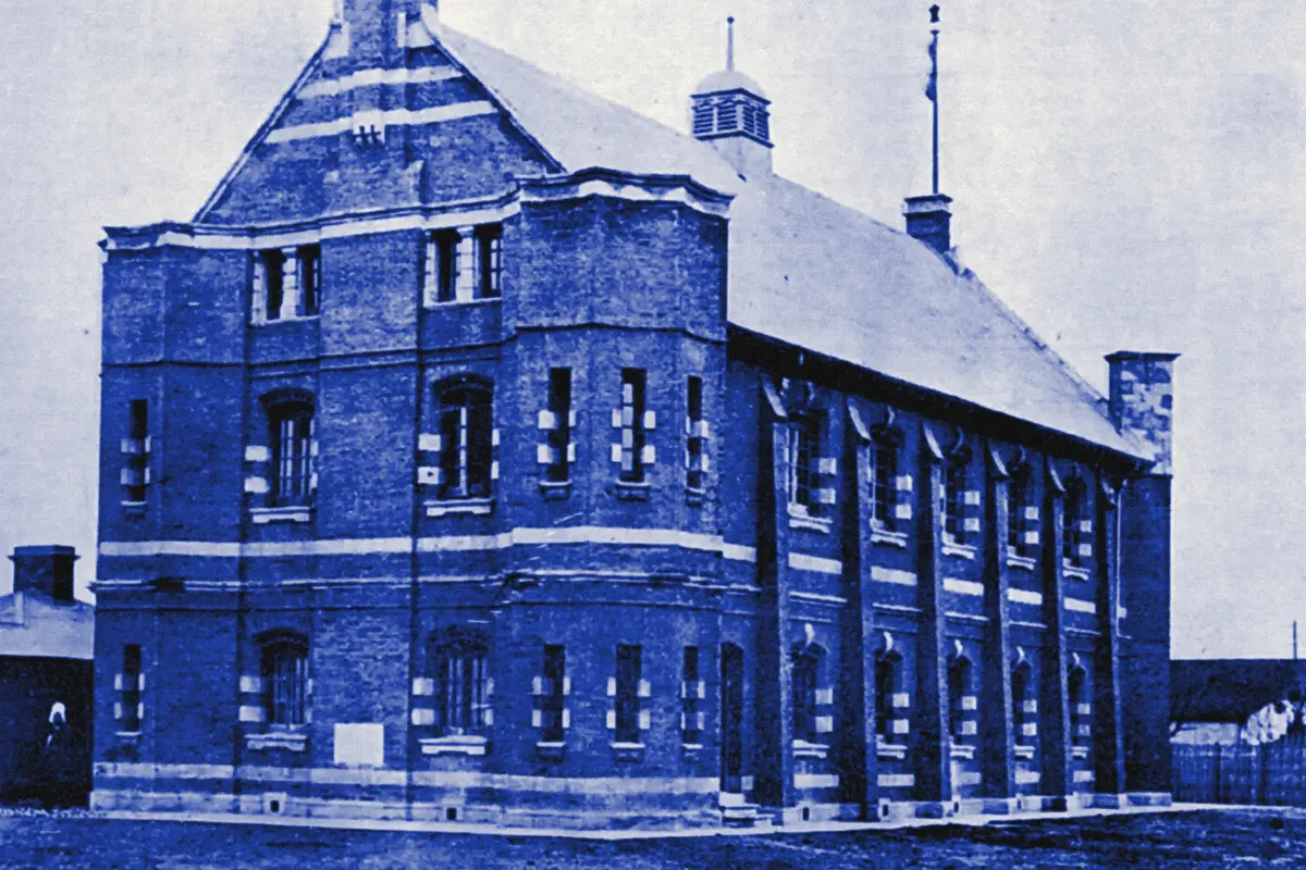 Illustration: Dongbaoxing Road Gurdwara, Shanghai, China, ca.1908, from a period photograph (1908), redrawn as a blue blue pencil duotone.