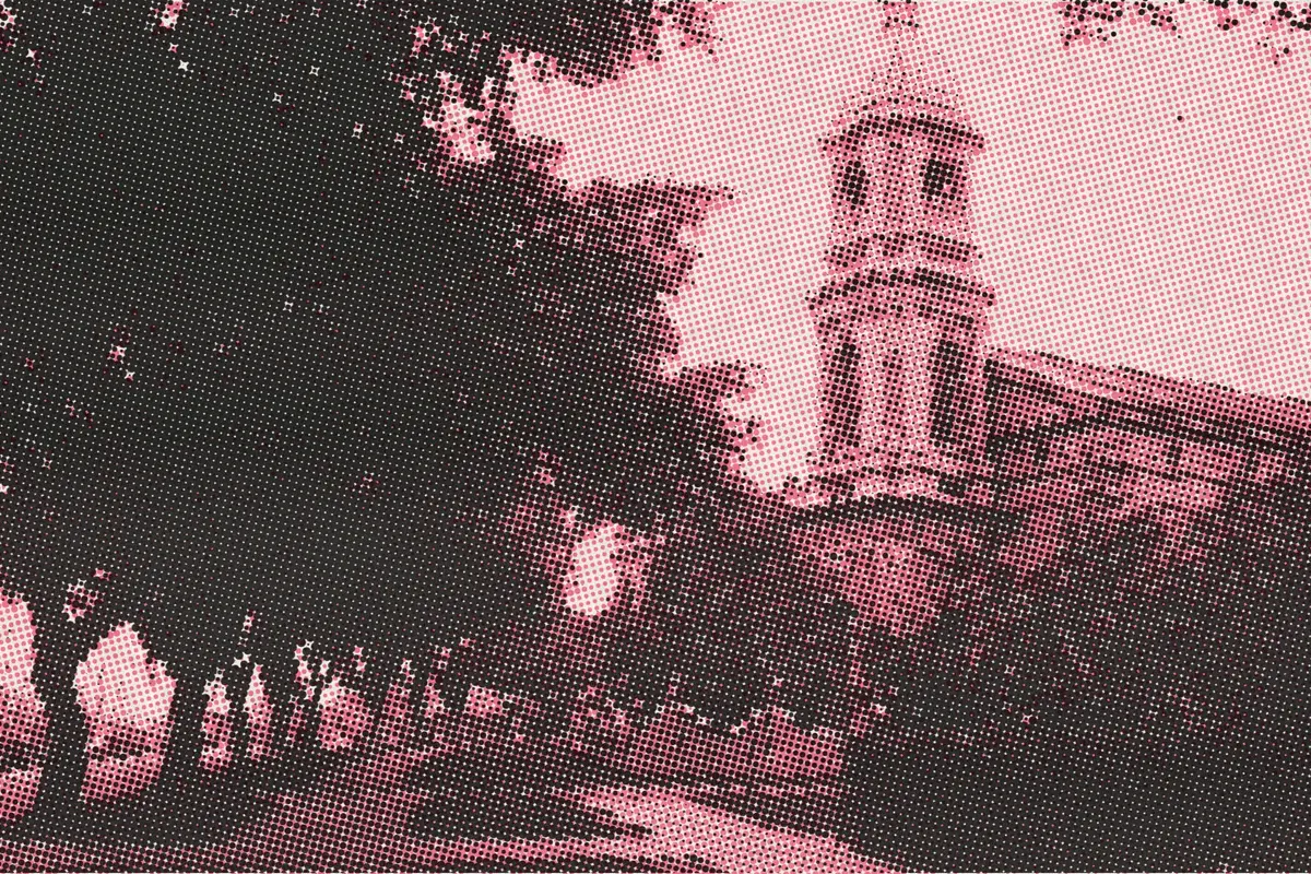 Illustration: English Church Shameen Canton, from a nineteenth-century photograph (1895), redrawn as a coral riso plate.