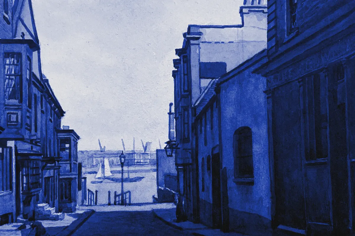 Illustration: Evacustes A Phipson, Woolwich, Bellwater Gate, from a period photograph (1922), redrawn as a blue blue pencil duotone.