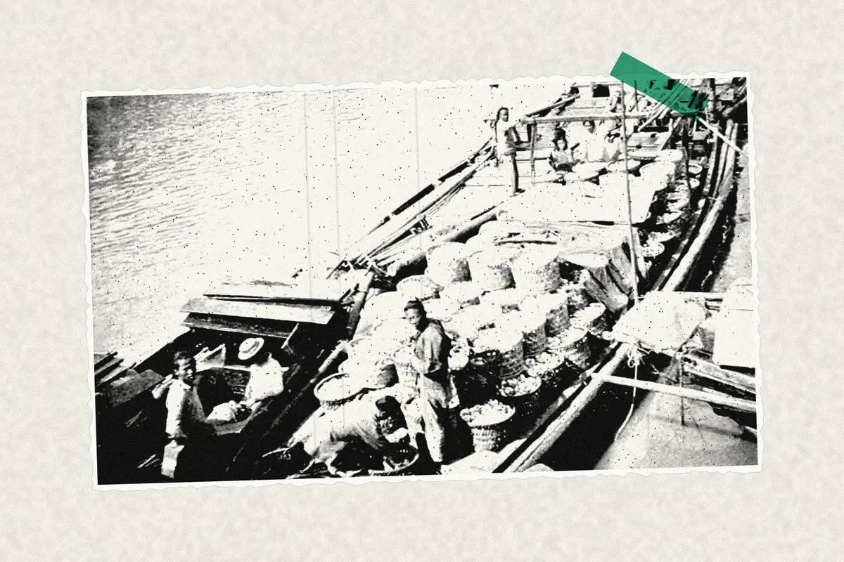 Illustration: Farmers of forty centuries - Boatload of eggs on Soochow creek, Shanghai, China, from a period photograph (1911), redrawn as a photocopied cutting.