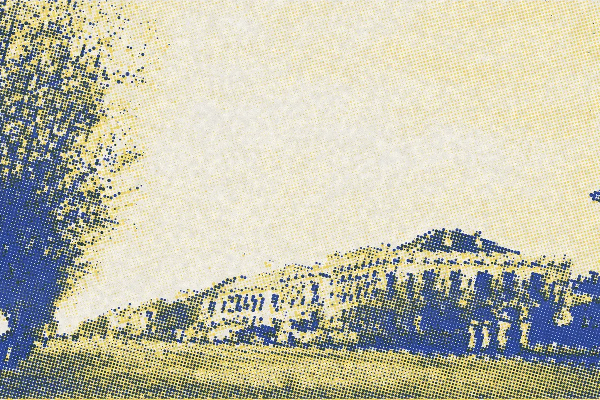 Illustration: FOREIGN SETTLEMENT, HANKOW 2, from a nineteenth-century photograph (1898), redrawn as a yellow riso plate.