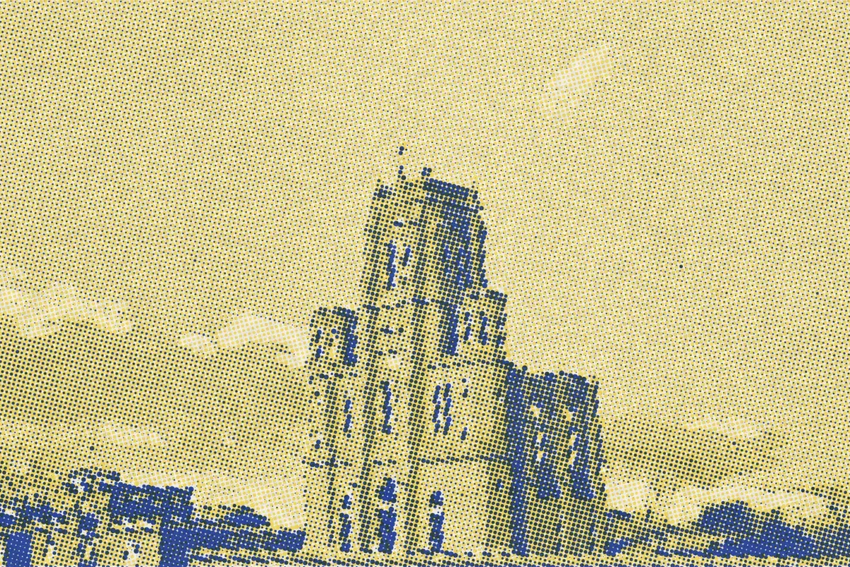 Illustration: French Cathedral & Mission, Tientsin (LOC), from a period photograph (1910), redrawn as a yellow riso plate.