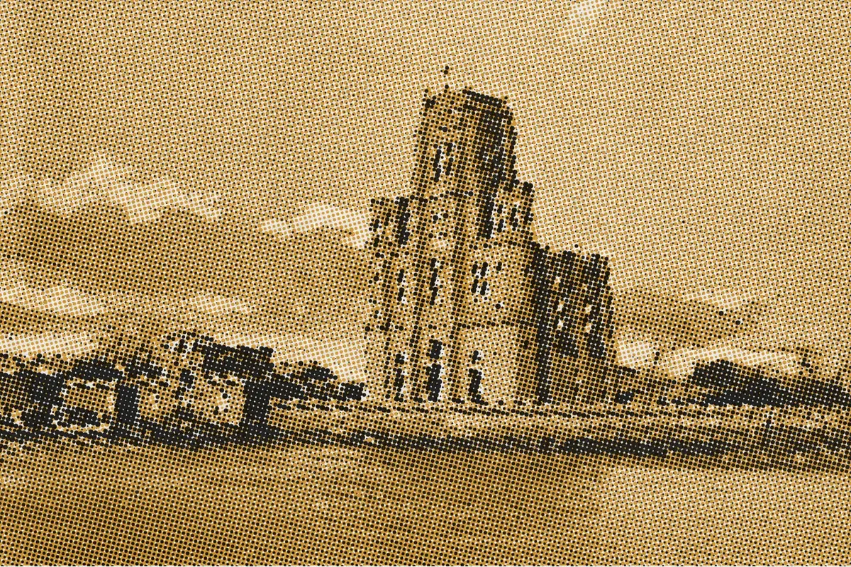 Illustration: French Cathedral & Mission, Tientsin (LOC), from a period photograph (1910), redrawn as a ochre riso plate.