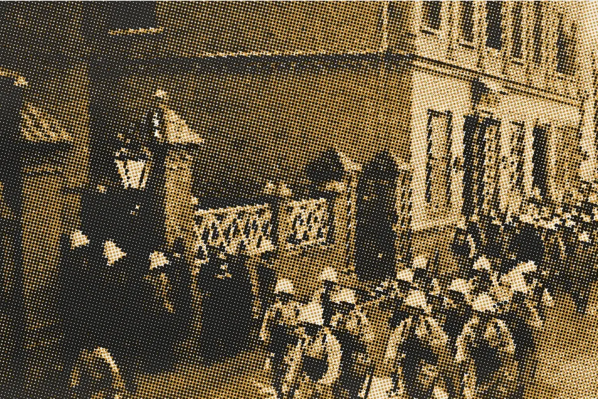 Illustration: French Colonial Infantry Marching through the French Concession, Tientsin, from a period photograph (1903), redrawn as a ochre riso plate.