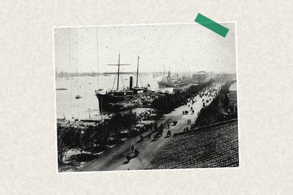 Illustration: Gezicht op de Bund-havenkade in Shanghai, RP-F-F01197-B, from a nineteenth-century photograph (1895), redrawn as a photocopied cutting.