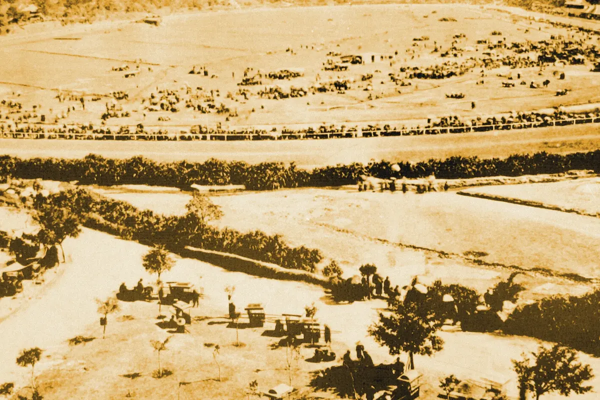 Illustration: Happy Valley Cicra 1880 IMG 5785, from a nineteenth-century photograph (1880), redrawn as a ochre blue pencil duotone.