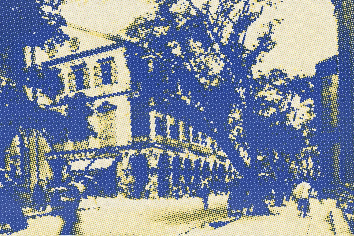 Illustration: HKClub 1890, from a nineteenth-century photograph (1890), redrawn as a yellow riso plate.