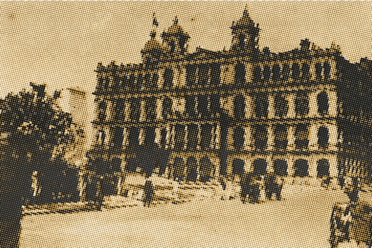 Illustration: Hong Kong--Hong Kong Club, from a nineteenth-century photograph (1890), redrawn as a ochre riso plate.