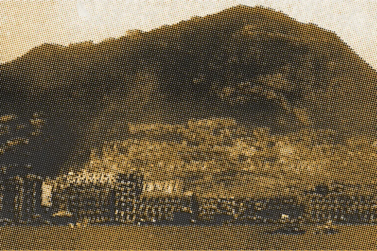 Illustration: Hong Kongfromtheharbour c1920, from a period photograph (1920), redrawn as a ochre riso plate.