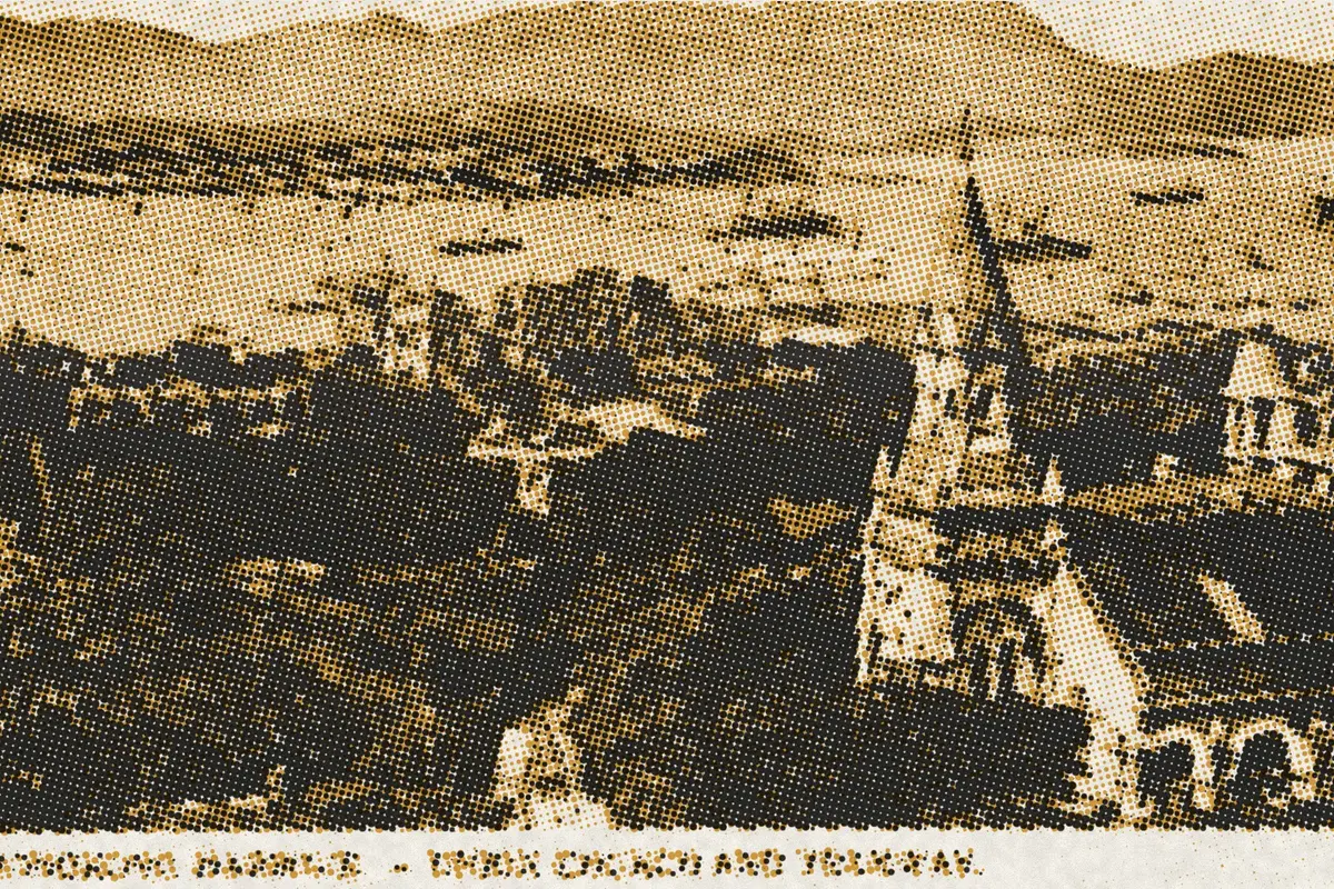 Illustration: HongKongUnionChurchc1910, from a period photograph (1910), redrawn as a ochre riso plate.