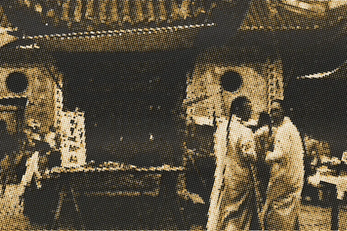 Illustration: In front of a Chinese temple, from a period photograph (1910), redrawn as a ochre riso plate.