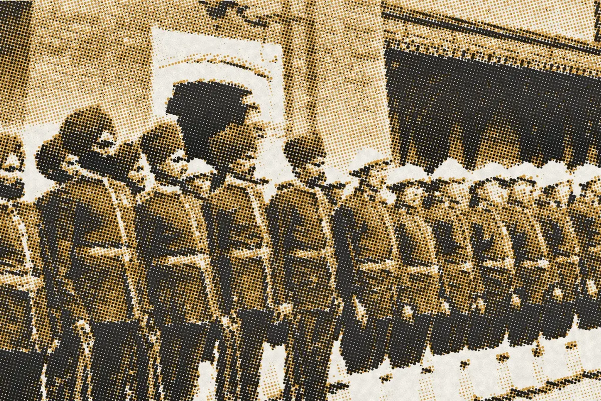 Illustration: Indian police (incl. Sikhs) and Chinese constables in the compound of the Central Police Station, Hollywood Road, Hong Kong, 1906, from a period photograph (1906), redrawn as a ochre riso plate.