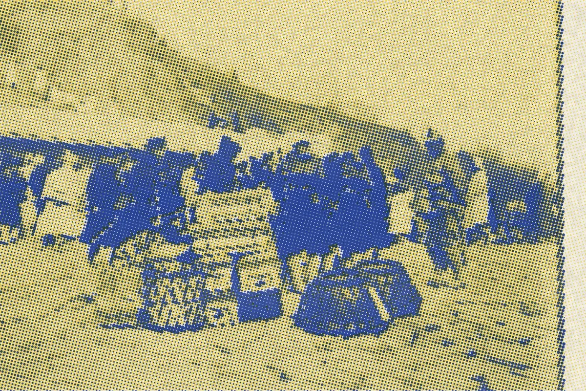 Illustration: Japanese Hospital Corps landing medical and surgical supplies at Chemulpo LCCN2005679321, from a nineteenth-century photograph (1895), redrawn as a yellow riso plate.