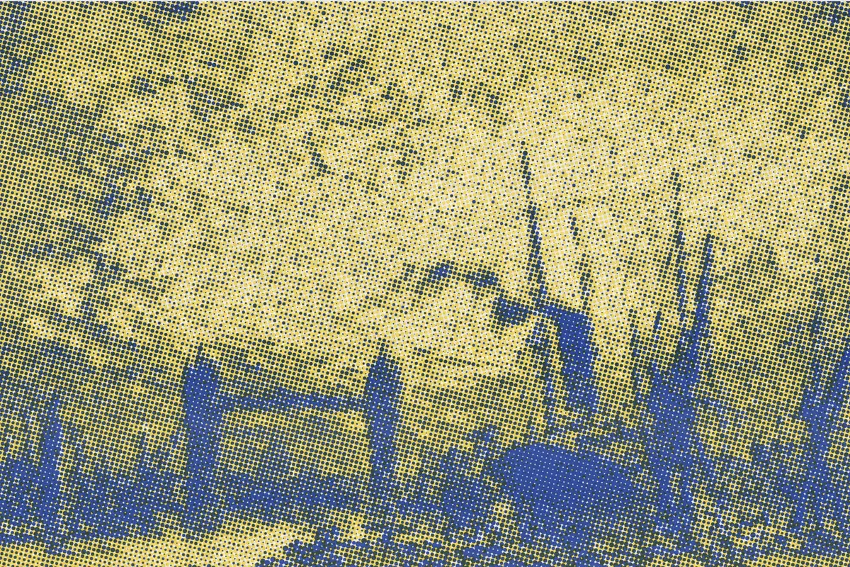 Illustration: Joseph Pennell, Tower Bridge, Evening, 1905, NGA 32859, from a period photograph (1905), redrawn as a yellow riso plate.